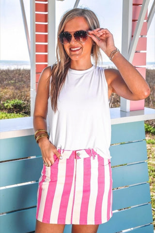 Neon pink striped denim skirt women’s clothing cotton stretch skirt comfy mom style trendy summer skirt