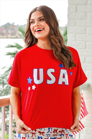 USA foil luxe top women’s clothing patriotic star shirt metallic detail comfy mom style trendy festive summer top