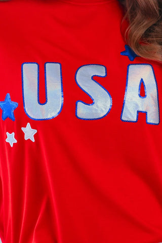 USA foil luxe top women’s clothing patriotic star shirt metallic detail comfy mom style trendy festive summer top - close up