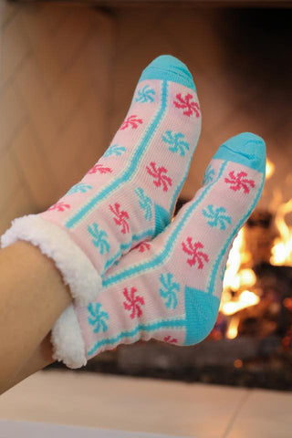 Whimsy peppermint fleece socks for women featuring a playful peppermint design and ultra-soft fleece fabric, perfect for cozy days and comfy mom style.