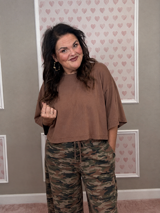 Camo waffle knit pants with a washed brown basic tee.
