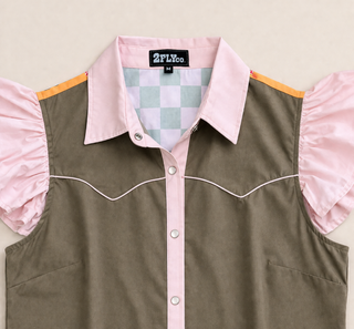 Close up western snap button blouse pink collar olive green fabric ruffle sleeves chic women’s clothing detail