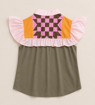 Back view women’s western top with pink ruffle detail and geometric pattern trendy boutique women’s clothing