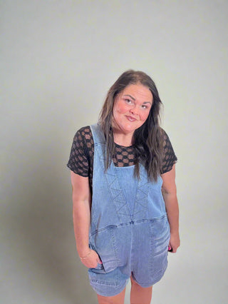 Daydream Denim Romper - Lightweight Stretchy Fabric – Super stretchy denim-look romper with a V-neckline, side pockets, and a relaxed fit, perfect for casual style.
