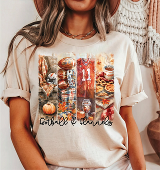 Southern Attitude Designs Football & Flannels graphic tee on a natural Gildan Softstyle shirt featuring football, flannel, pumpkins, coffee, and cozy fall artwork.