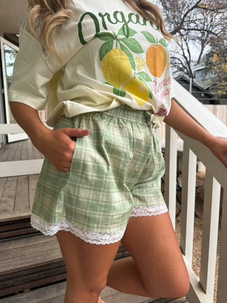 Green Plaid lounge shorts women’s clothing lace trim shorts comfy mom style cotton elastic waist shorts