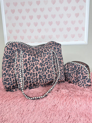 Leopard quilted tote bag and cosmetic bag women’s boutique oversized carryall makeup travel bag set
