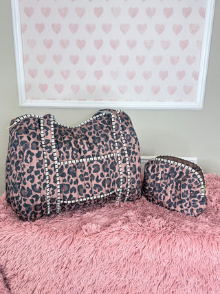Leopard quilted tote bag and cosmetic bag women’s boutique oversized carryall makeup travel bag set
