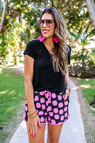 Let's Go Party Disco Drawstring Everyday Shorts styled with accessories for a playful, bold outfit perfect for parties or casual fun