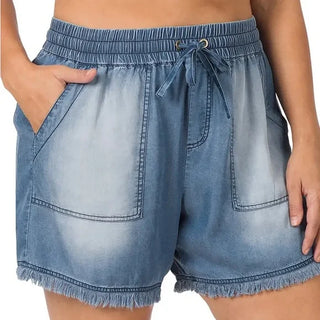 Chambray frayed hemmed shorts w/pockets