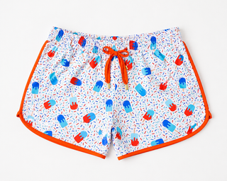 Patriotic popsicle print shorts women’s clothing JESS LEA comfy mom style red white blue summer shorts lightweight trendy shorts - flat lay. 
