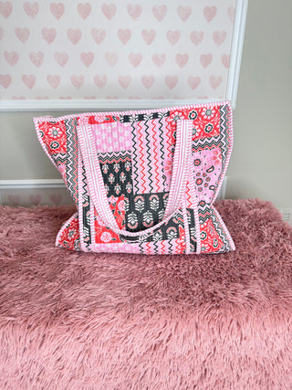 Pink Boho quilted tote bag women’s boutique cotton market tote oversized neutral everyday shoulder bag