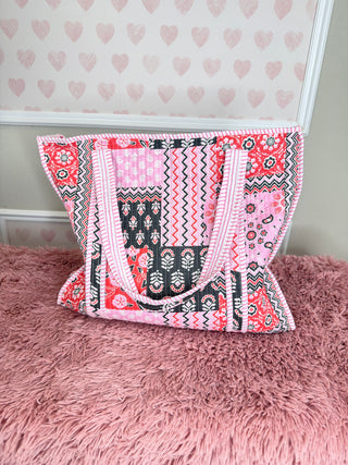 Pink Boho quilted tote bag women’s boutique cotton market tote oversized neutral everyday shoulder bag