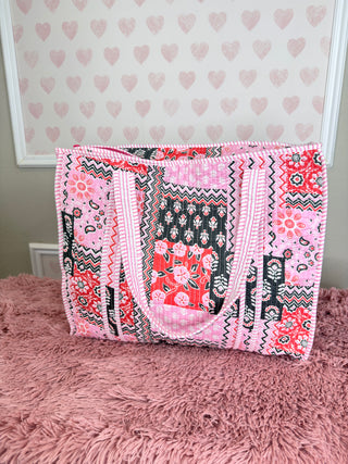 Pink Boho quilted tote bag women’s boutique cotton market tote oversized neutral everyday shoulder bag