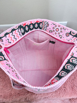 Inside of the Pink Boho quilted tote bag women’s boutique cotton market tote oversized neutral everyday shoulder bag