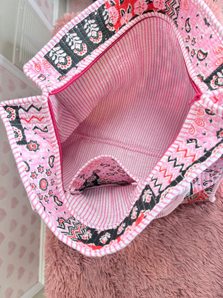 Inside of the Pink Boho quilted tote bag women’s boutique cotton market tote oversized neutral everyday shoulder bag