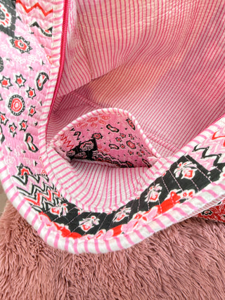Inside of the Pink Boho quilted tote bag women’s boutique cotton market tote oversized neutral everyday shoulder bag