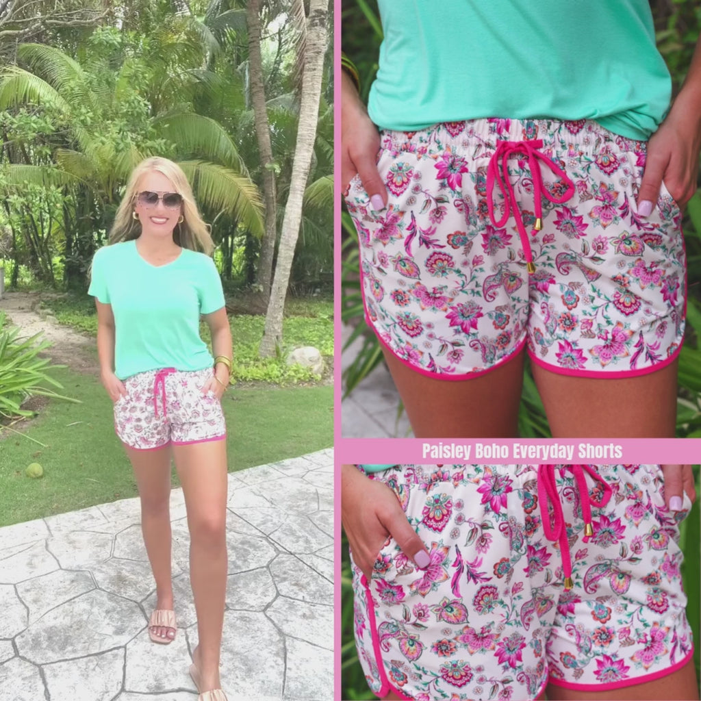 Boho paisley printed mid-rise everyday shorts with a relaxed fit, drawstring tie waist, and side pockets, styled for casual spring and summer wear.