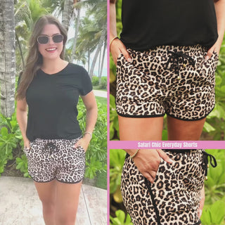 Leopard printed mid-rise everyday shorts with a relaxed fit, drawstring tie waist, and side pockets, styled for casual spring and summer wear.