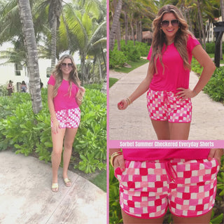 Sorbet summer checkered printed mid-rise everyday shorts with a relaxed fit, drawstring tie waist, and side pockets, styled for casual spring and summer wear.
