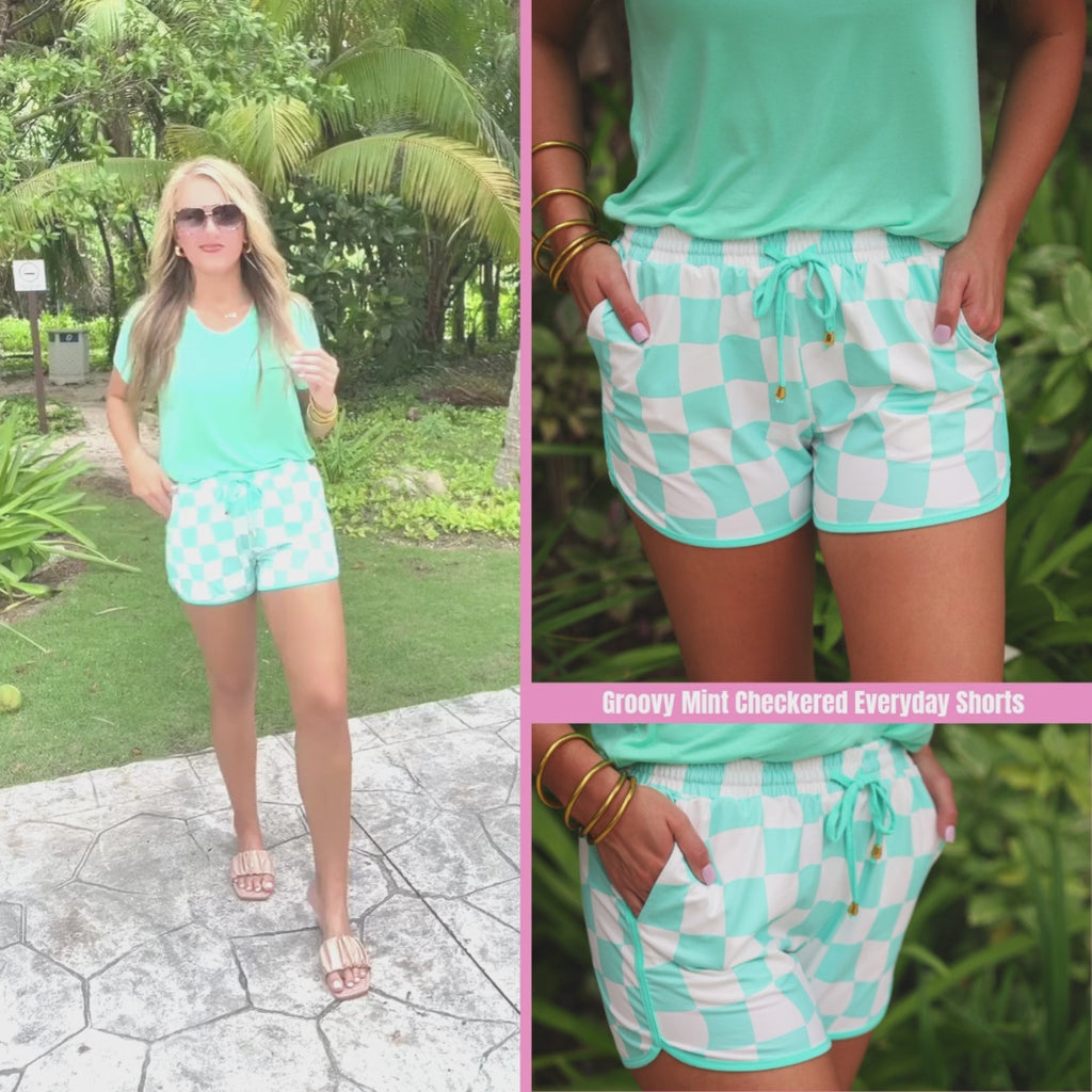 Mint checkered printed mid-rise everyday shorts with a relaxed fit, drawstring tie waist, and side pockets, styled for casual spring and summer wear.