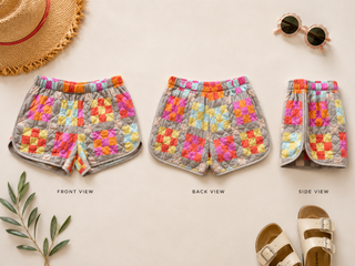 Flat lay of colorful quilted patchwork shorts with neutral sandals, sunglasses, and straw hat styling showing the front view, back view, and side view.
