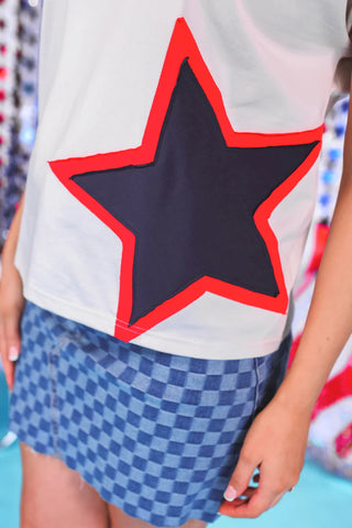 Patriotic star top women’s clothing cotton tee with fabric stars comfy mom style trendy casual summer shirt