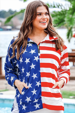 Stars and stripes quarter zip pullover women’s clothing JESS LEA patriotic sweatshirt comfy mom style lightweight festive top