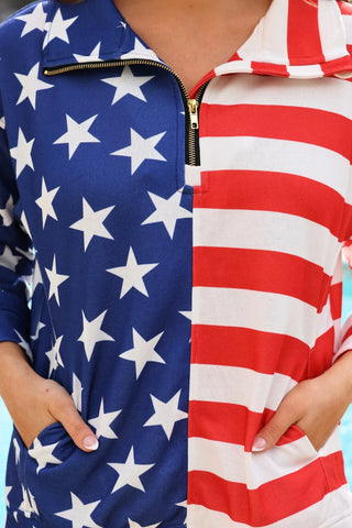Stars and stripes quarter zip pullover women’s clothing JESS LEA patriotic sweatshirt comfy mom style lightweight festive top - close up 
