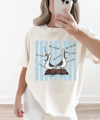 Personalized Comfort Colors goose teacher tee with customizable name and stripe colors.