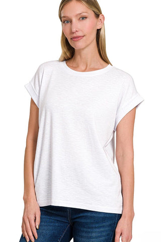 Soft cotton modal rolled sleeve basic tee relaxed women’s boutique casual everyday shirt in white. 

